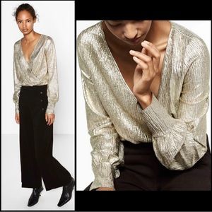Zara Metallic Crossover Bishop Sleeves Blouse size S